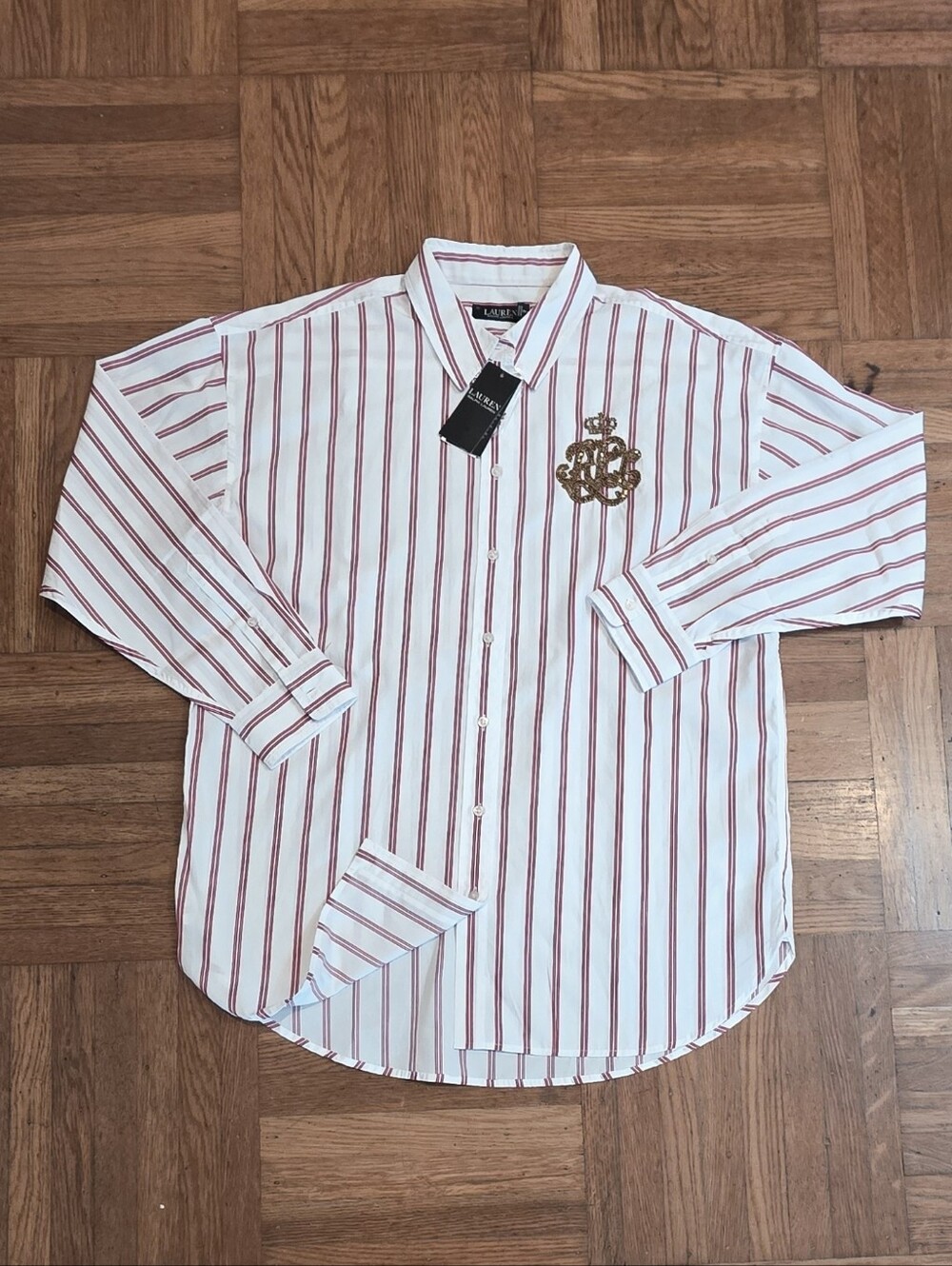 Lauren Ralph Lauren White & Red Stripe Button-Down Shirt Wmn's Size XL